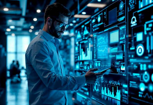 data analyst reviewing AI automating incident response tasks in a cybersecurity environment