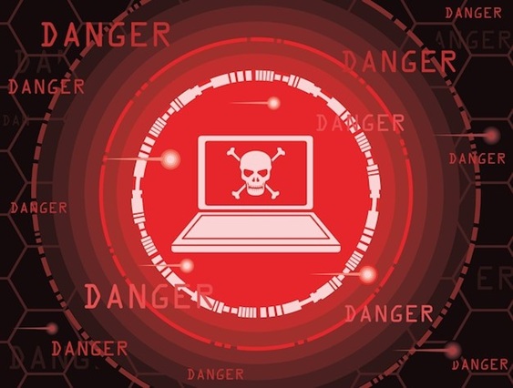 Red digital warning screen with a laptop displaying a skull and crossbones, indicating a cybersecurity threat or malware attack.