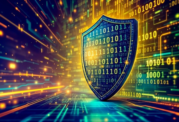 cybersecurity shield with binary code, symbolizing data protection, encryption, and network security in a digital environment.