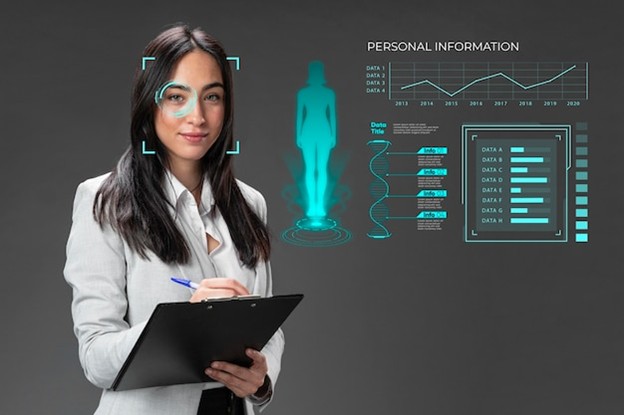 A professional analyzing biometric and personal health data on a futuristic digital interface, symbolizing healthcare data security, HIPAA compliance, and efficient patient information management.