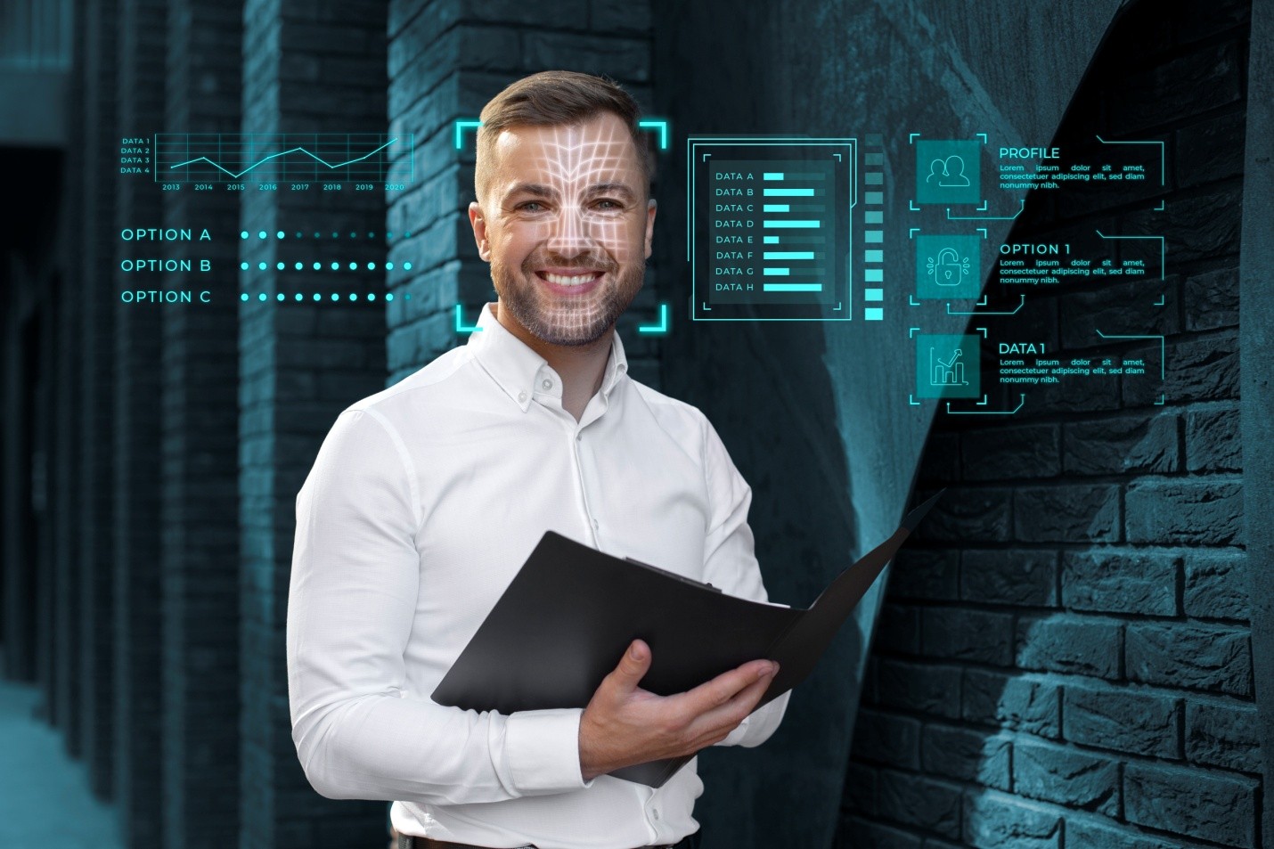 Smiling cybersecurity professional with facial recognition overlay